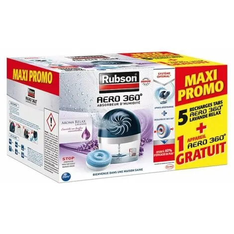 RUBSON Absorbeur D'humidité Lot 5 Galets Lavande + 1 Appareil Aero 360 -20m2