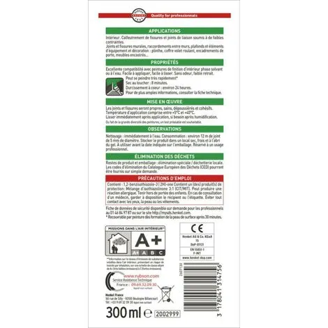 Rubson Mastic D'étanchéité Mur Et Boiserie Intérieur RUBSON AP30 Blanc 300ml – Image 3