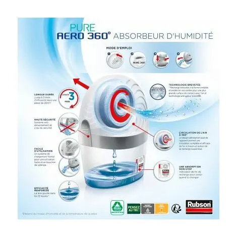 Rubson AERO 360° Pure Absorbeur D'humidité, Assainisseur Dair Recommandé Par L'AFPRAL*, Déshumidificateur Dair Pour Pièces De 20 M², Inclus 1 Recharge Neutre De 450 G – Image 2