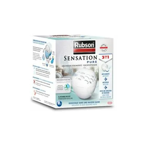 Rubson Absorbeur D'Humidité Sensation Pure, Déshumidificateur Discret Pour Petites Pièces De 10m², Absorbeur Anti-odeur & Anti-moisissures, 1 Appareil + 1 Recharge Neutre De 300 G