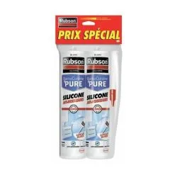 Rubson Mastic Bain & Cuisine Pure Silicone Anti-Moisissures Blanc, Mastic Sanitaire à Base De Silicone, Mastic étanche Renforcé En Antifongique, Lot De 2 Cartouches 280 Ml