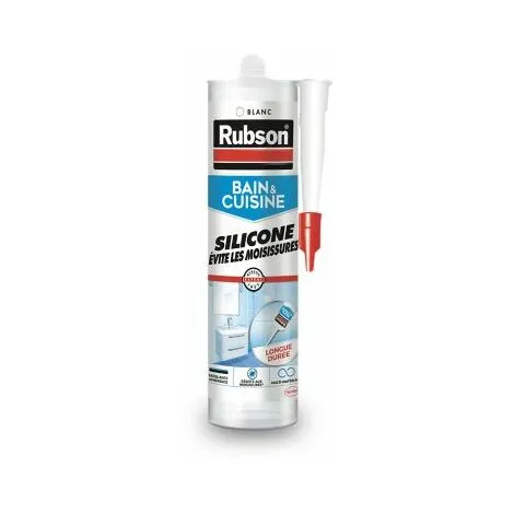 Rubson Mastic Bain & Cuisine Pure Silicone Anti-Moisissures Blanc, Mastic Sanitaire à Base De Silicone, Mastic étanche Renforcé En Antifongique, 280 Ml