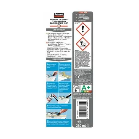 Rubson Mastic Bain & Cuisine Pure Silicone Anti-Moisissures Blanc, Mastic Sanitaire à Base De Silicone, Mastic étanche Renforcé En Antifongique, 280 Ml – Image 2