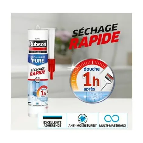 Rubson Mastic Bain & Cuisine Séchage Rapide, Joint Silicone Longue Durée Résistant Aux Moisissures, Mastic Sanitaire étanche Facile Dutilisation Séchage En 2h, Blanc, 280 Ml – Image 2